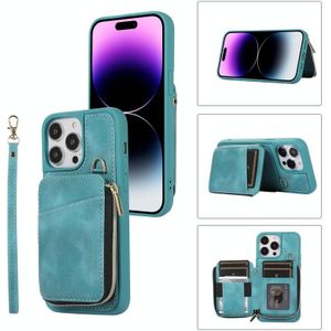 Voor iPhone 14 Pro Max Zipper Card Bag Back Cover Phone Case(Turquoise)