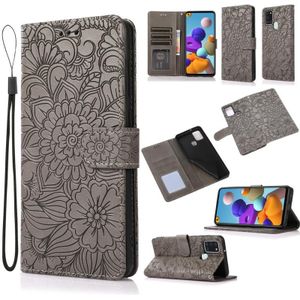 For Samsung Galaxy A21s Skin Feel Embossed Sunflower Horizontal Flip Leather Case with Holder & Card Slots & Wallet & Lanyard(Gray)