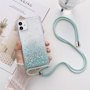 Gradiënt glitter poeder epoxy tpu verdikt acryl shockproof case met ronde hals lanyard voor iphone 12 pro max (gletsjer blauw)