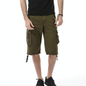 Summer Multi-pocket Solid Color Loose Casual Cargo Shorts for Men (Color:Army Green Size:34)