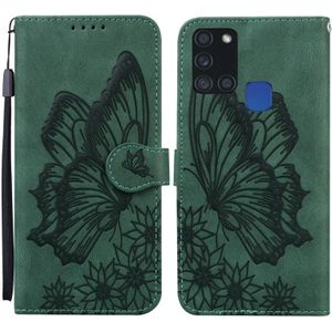 For Samsung Galaxy A21s Retro Skin Feel Butterflies Embossing Horizontal Flip Leather Case with Holder & Card Slots & Wallet(Green)