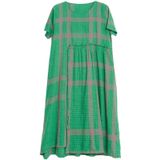 Zomer ronde hals plaid textuur katoen mid-length loose dress voor vrouwen (kleur: groene maat: XL)