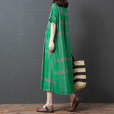 Zomer ronde hals plaid textuur katoen mid-length loose dress voor vrouwen (kleur: groene maat: XL)
