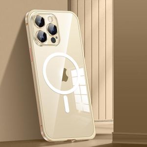Voor iPhone 12 Pro Max MagSafe Veergesp Metaal Transparant Telefoonhoesje met Lensbescherming (Goud)
