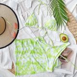 3 in 1 Lace-up Halter Backless Bikini Ladies Tie-Dye Split Swimsuit Set with Mesh Short Skirt (Color:Green Size:S)