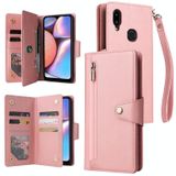 Voor Samsung Galaxy A10s Rivet Buckle 9 Cards Three Lederen Phone Case (Rose Gold)