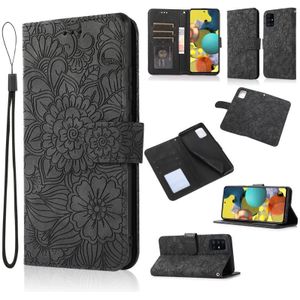 For Samsung Galaxy A51 Skin Feel Embossed Sunflower Horizontal Flip Leather Case with Holder & Card Slots & Wallet & Lanyard(Black)