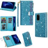 For Samsung Galaxy S20 Ultra Multi-card Slots Starry Sky Laser Carving Glitter Zipper Horizontal Flip Leather Case with Holder & Wallet & Lanyard(Sky Blue)