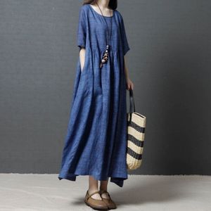 Summer Round Neck Solid Color Ramie Loose Dress for Women (Color:Blue Size:XL)