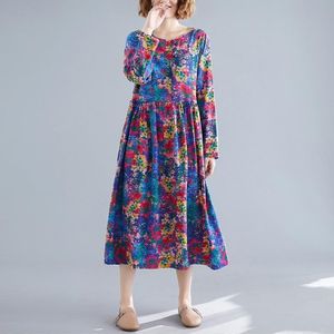 Loose Mid-length Ethnic Style Womens Long-sleeved Printed Cotton And Linen Dress (Color:Rose Red Size:L)