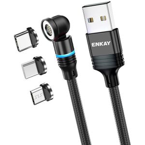 ENKAY 3 in 1 3A USB naar Type-C / 8 Pin / Micro USB Magnetische 540 Graden Roterende Snelle Oplaadkabel  Lengte: 2m (Zwart)