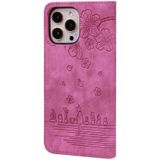 Cartoon Sakura Cat Embossed Leather Case For iPhone 12 Pro Max(Rose Red)