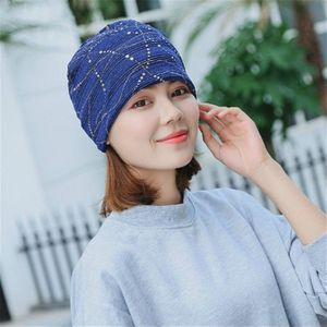 Thin Breathable Lace Wrap Cap Golden Dripping Turban Hat(Navy)