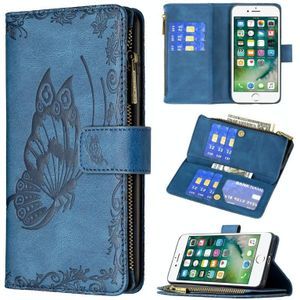 For iPhone 8 Plus / 7 Plus Flying Butterfly Embossing Pattern Zipper Horizontal Flip Leather Case with Holder & Card Slots & Wallet(Blue)