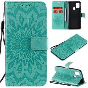 For Samsung Galaxy A21s Embossed Sunflower Pattern Horizontal Flip PU Leather Case with Holder & Card Slots & Wallet & Lanyard(Green)