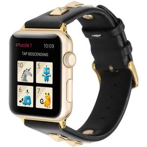 Enkele rij geklonken lederen horlogeband voor Apple Watch Series 8 & 7 41 mm / SE 2 & 6 & SE & 5 & 4 40 mm / 3 & 2 & 1 38 mm (zwart goud)