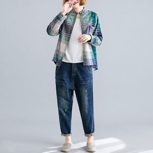 Loose Large Size Linen Cotton Printed Check Shirt For Age Reduction And Slimming (Color:Green Size:XXL)
