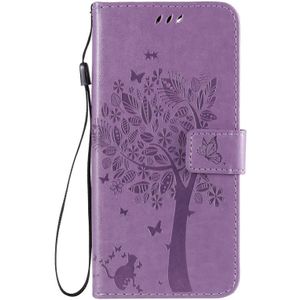 For iPhone 12 Pro Max Tree & Cat Embossed Pattern Horizontal Flip Leather Case with Holder & Card Slots & Wallet & Lanyard(Light Purple)