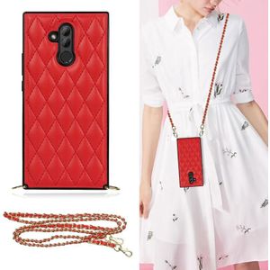 For Huawei Mate 20 Lite Elegant Rhombic Pattern Microfiber Leather +TPU Shockproof Case with Crossbody Strap Chain(Red)