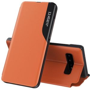 For Samsung Galaxy S10 Plus Side Display Magnetic Shockproof Horizontal Flip Leather Case with Holder(Orange)