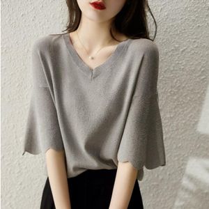 Flared Petal Sleeve V-Neck Knit T-Shirt (As Show)