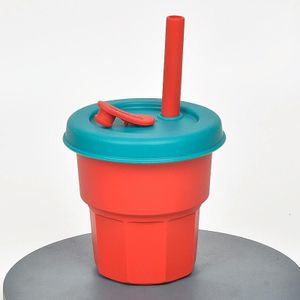Children Silicone Straw Cups Drop And High Temperature Resistant Water Cups Dark Red Cup + Olive Green Cover(400ml)