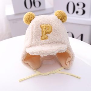 C0183 Letter Lamb Velvet Children Bomber Cap Warm Baby Hat with Cotto  Size: Around 50cm(Beige and Yellow Letters)