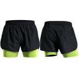Men Fake Two-piece Sports Stretch Shorts (Color:Black Green Size:L)