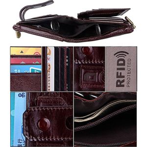 Genuine Cowhide Leather Crazy Horse Texture Zipper 3-folding Card Holder Wallet RFID Blocking Coin Purse Card Bag Protect Case for Men  Size: 12*9.5*3.5cm(Red Brown)