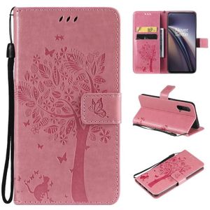 Tree & Cat Pattern Pressed Printing Horizontal Flip PU Leather Case with Holder & Card Slots & Wallet & Lanyard For OnePlus Nord CE 5G(Pink)