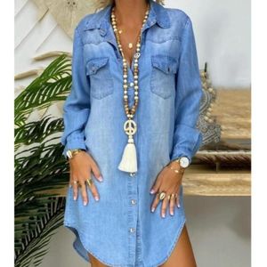 Enkele breasted lange mouw denim shirt jurk (kleur: blauw maat: M)