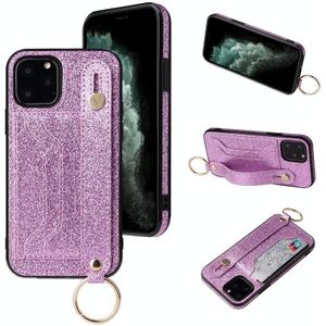 Glitter Powder PU+TPU Schokbestendige beschermhoes met houder & kaartslots & polsbandje voor iPhone 11 Pro Max(Paars)