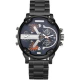 CAGARNY 6820 Fashionable Business Style Large Dial Dual Time Zone Quartz Movement Wrist Watch with Stainless Steel Band & Calendar Function for Men(Black Band Orange Needle)