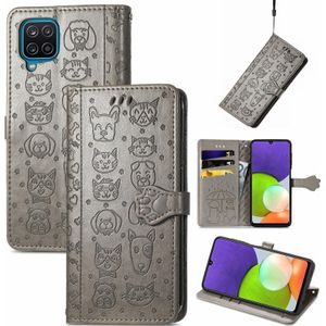 For Galaxy A22 4G Cute Cat and Dog Embossed Horizontal Flip Leather Case with Holder & Card Slots & Wallet & Lanyard(Gray)