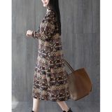 Loose Slim Printed Mid-length Cotton And Linen Dress (Color:Coffee Size:L)