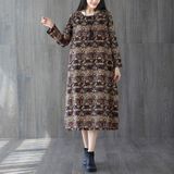 Loose Slim Printed Mid-length Cotton And Linen Dress (Color:Coffee Size:L)