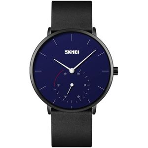 SKMEI 9213 Simple Dcale Stopwatch Dial Leather Strap Quartz Watch(Black Blue)