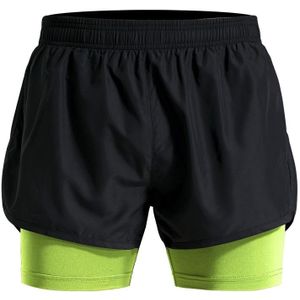 Men Fake Two-piece Sports Stretch Shorts (Color:Black Green Size:M)