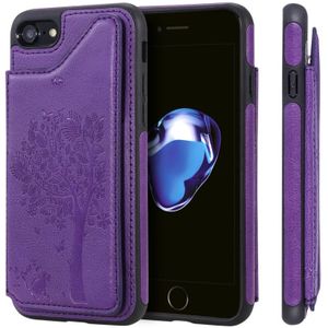 For iPhone SE 2020 & 8 & 7 Cat Tree Embossing Pattern Shockproof Protective Case with Card Slots & Photo Frame & Holder(Purple)