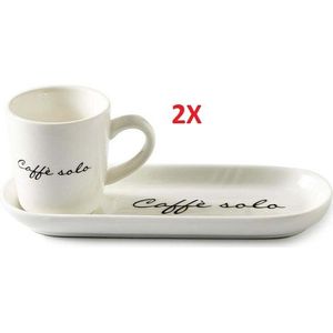 Riviera Maison Kop -en schotel, Espresso mok met tekst - Caffè Solo - Wit - Porselein - 85 ml - 2 st