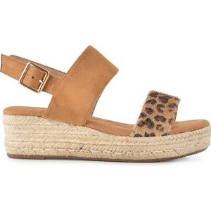 PS Poelman - Iris - Sandalen - Cognac Bruin - Espadrille Zool met Furry Luipaard Print