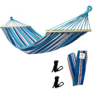 Rijoka Hangmat Large met Spreidstok - 200x140cm - Blauw Gestreept - 1 Persoons - Incl. 2 Haken, Touw én Opbergzak