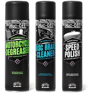 Muc-Off schoonmaakset: Motorcycle Degreaser + Disc Brake Cleaner + Speed Polish