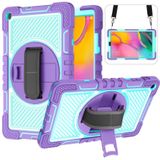 For Samsung Galaxy Tab A 10.1 2019 T515 360 Degree Rotation Contrast Color Shockproof Silicone + PC Case with Holder & Hand Grip Strap & Shoulder Strap(Purple + Mint Green)