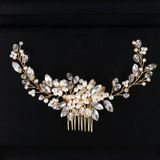 Golden Pearl Headband Tiaras Crystal Rhinestone Bridal Hair Combs Headpiece