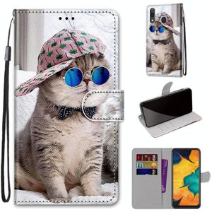 For Samsung Galaxy A30 & A20 Coloured Drawing Cross Texture Horizontal Flip PU Leather Case with Holder & Card Slots & Wallet & Lanyard(Oblique Hat Blue Mirror Cat)