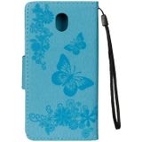 For Galaxy J7 (2017) (EU Version) Pressed Flowers Butterfly Pattern Horizontal Flip Leather Case with Holder & Card Slots & Wallet & Lanyard (Blue)