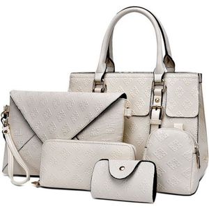 5 in 1 Diamond Texture PU Shoulder Bag Printed Flower Ladies Handbag Messenger Bag (White)