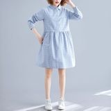 Loose Plus Size Linen Cotton Dress (Color:Blue Size:XXL)