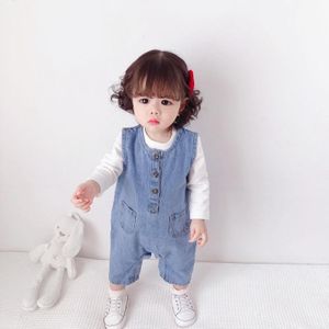 Children Soft Denim Jumpsuit Outing Romper (Color:Blue Size:66cm)